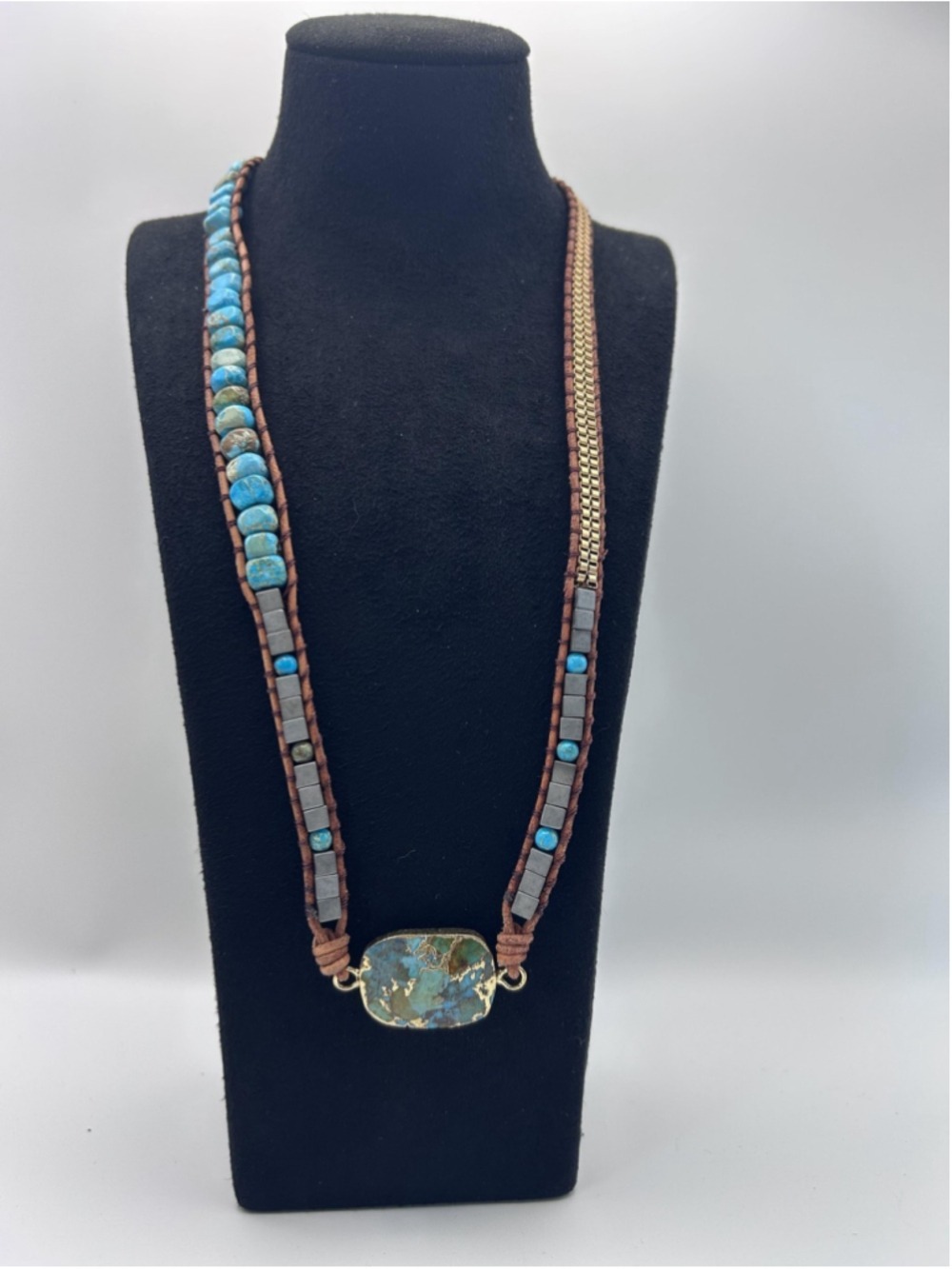 Necklace Turquoise Blue Pendant Layered Beaded Leather Boho Statement 20 In